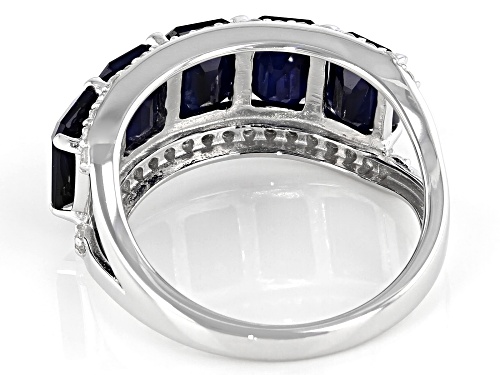 5.61ct Rectangular Octagonal Blue Sapphire and .55ctw Zircon Rhodium Over Silver Band Ring - Size 8