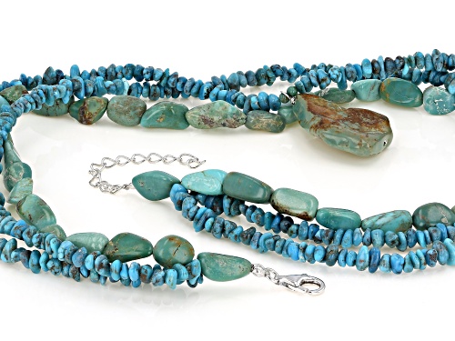 Mixed Shapes Kingman Turquoise Rhodium Over Sterling Silver 3-Strand Bead Necklace - Size 18