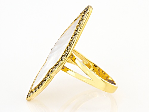 28x13MM WHITE MOTHER OF PEARL WITH MARCASITE 18K YELLOW GOLD OVER SILVER RING - Size 6