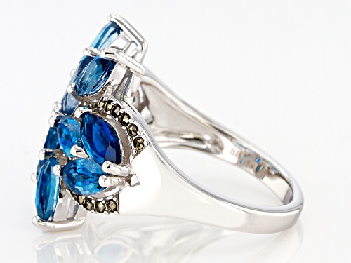 3.53ctw Marquise London Blue Topaz with round White Marcasite Rhodium Over Sterling Silver Ring - Size 7