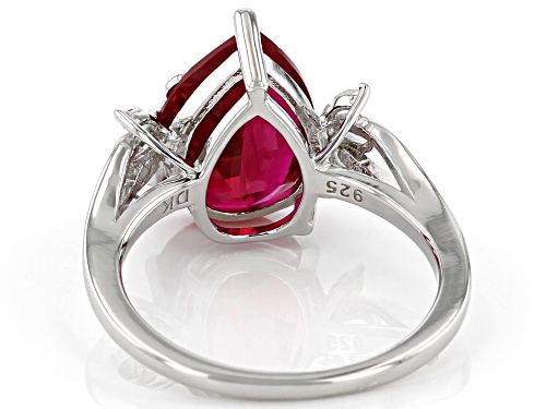 4.11ctw Pear Shape Lab Created Ruby and 0.14ctw Topaz Rhodium Over Silver Ring - Size 10