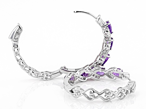 2.58ctw Pear Shape African Amethyst and .65ctw Round White Zircon Rhodium Over Silver Hoop Earrings