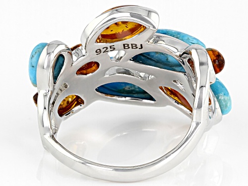 8x4mm,5x3mm Cabochon Amber & 10x4mm, 5x3mm Turquoise Rhodium Over Silver Band Ring - Size 6