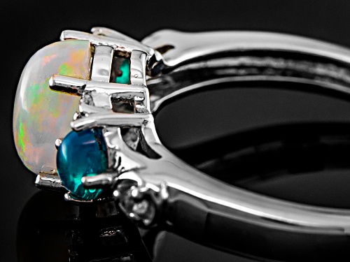 .90ct Oval Paraiba Blue Color Opal, .22ctw Oval Blue Opal, .04ctw Round White Topaz Silver Ring - Size 12