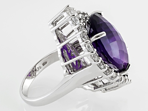 12.99ct Pear Shape, Checkerboard Cut African Amethyst With 2.12ctw Round White Topaz Silver Ring - Size 4