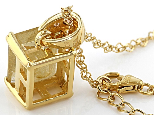 4.67CT EMERALD CUT RUTILATED QUARTZ WITH .07CTW ANDALUSITE 18K YELLOW GOLD OVER SILVER PENDANT/CHAIN