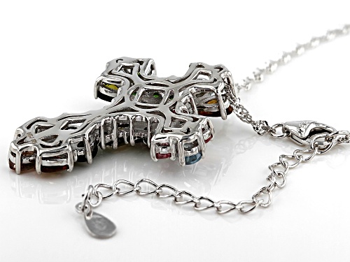 4.15ctw Multi-Color Gemstone Rhodium Over Silver Cross Pendant With Chain