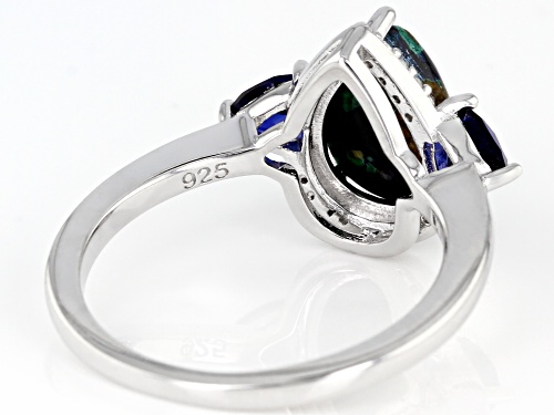 10x7mm Azurmalachite, .52ctw White Zircon & Lab Created Blue Sapphire Rhodium Over Silver Ring - Size 8