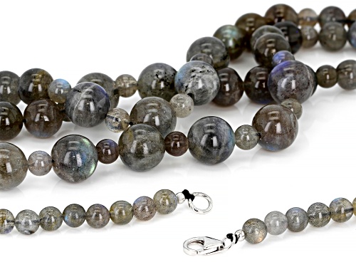 6-12MM ROUND CABOCHON LABRADORITE BEADS RHODIUM OVER STERLING SILVER 3-STRAND NECKLACE - Size 22