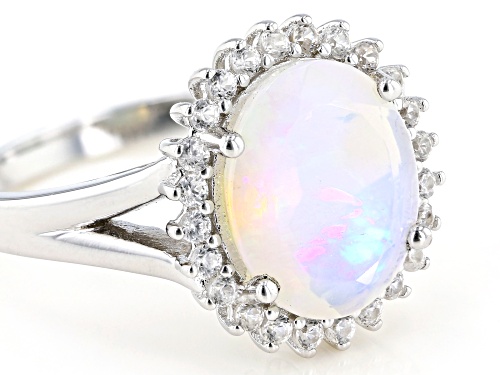 2.04ct Oval Ethiopian Opal With .48ctw White Zircon Rhodium Over Sterling Silver Halo Ring - Size 6