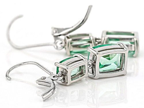 5.90ctw Rectangular Cushion Lab Created Green Spinel Rhodium Over Silver 2-Stone Dangle Earrings