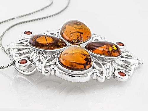 Pear Shape Orange Polish Amber With .62ctw Round Vermelho Garnet™ Silver Pendant With Chain