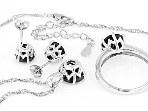 9.46ctw Round Black Spinel Rhodium Over Silver Solitaire Ring, Earring, Pendant W/Chain Jewelry Set