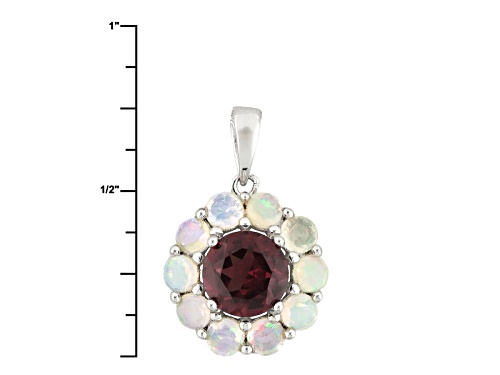 .85ct Round Raspberry Color Rhodolite With .48ctw Round Ethiopian Opal Silver Pendant With Chain