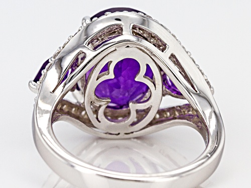 5.42CTW OVAL & PEAR SHAPE AFRICAN AMETHYST WITH .57CTW ZIRCON RHODIUM OVER SILVER RING - Size 8