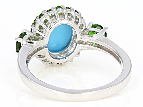 10X8mm Sleeping Beauty turquoise with .80ctw Russian chrome diopside rhodium over silver ring - Size 8