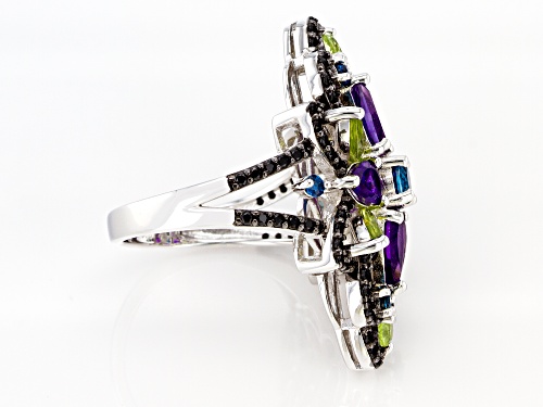4.56CTW AMETHYST, LONDON BLUE TOPAZ, MANCHURIAN PERIDOT™ & BLACK SPINEL RHODIUM OVER SILVER RING - Size 5