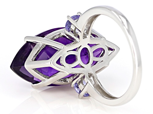 7.65CT MARQUISE AFRICAN AMETHYST & .46CTW ROUND TANZANITE RHODIUM OVER SILVER RING - Size 8