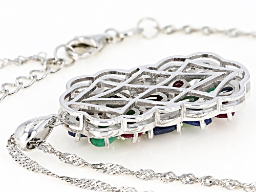 4.22ctw ruby, blue sapphire, Sakota emerald & white zircon rhodium over silver pendant with chain