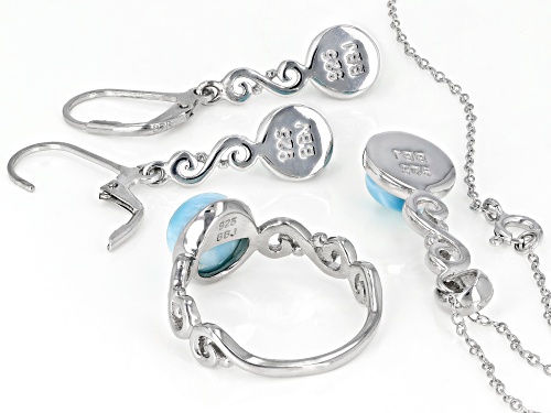 6mm and 8mm Round Larimar Rhodium Over Sterling Silver Ring, Earrings, and Pendant With Chain Set