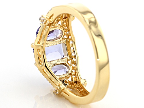 1.00ct Emerald Cut & .77ctw Oval Tanzanite, .38ctw Zircon 18k Yellow Gold Over Silver Ring - Size 8