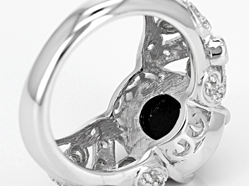 7.00ct Oval Cabochon Black Spinel With .26ctw Mint Tsavorite And .55ctw White Zircon Silver Ring - Size 6