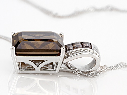 6.07ct Emerald Cut and 0.26ctw Baguette Smoky Quartz Rhodium Over Silver Pendant with Chain