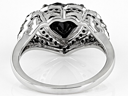 2.55ct Heart shape And 0.39ctw Round Black Spinel Rhodium Over Sterling Silver Heart Ring - Size 8