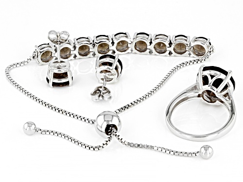 13.42ctw Round Smoky Quartz Rhodium Over Sterling Silver Ring, Earring And Bolo Bracelet Set
