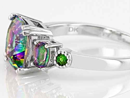 3.25ctw Cushion & Oval Mystic Quartz™ With 0.07ctw Chrome Diopside Rhodium Over Silver Ring - Size 7