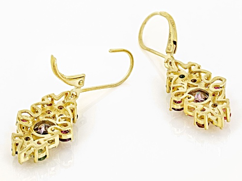 1.68ctw Mystic Fire® Topaz With 1.89ctw Rhodolite & Tourmaline 18k Yellow Gold Over Silver Earrings