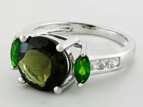 2.34ct Moldavite, .43ctw Russian Chrome Diopside And .20ctw White Zircon Sterling Silver Ring - Size 10