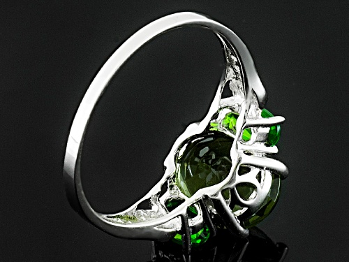 1.49ct Moldavite, .43ctw Chrome Diopside & .01ctw White Zircon Rhodium Over Sterling Silver Ring - Size 6