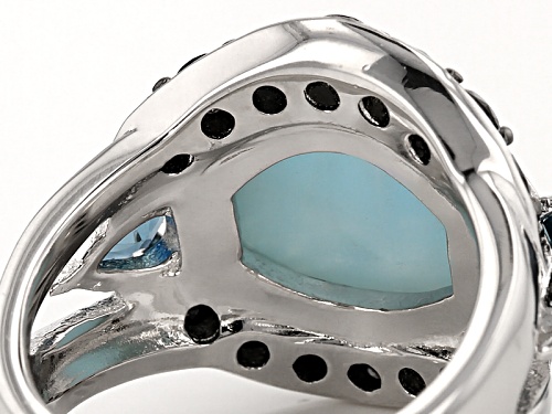 Barrel Shape Cabochon Larimar, .83ctw Pear Shape London Blue Topaz, .92ctw Black Spinel Silver Ring - Size 6