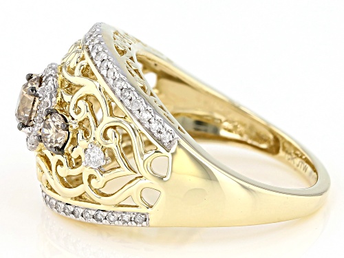 1.25ctw Round Champagne And White Diamond 10k Yellow Gold 3-Stone Cocktail Ring - Size 7