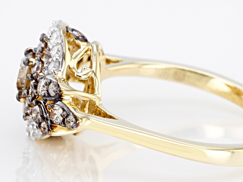 1.00ctw Round Champagne And White Diamond 10K Yellow Gold Cluster Ring - Size 4