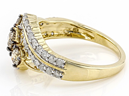 1.00ctw Round Champagne And White Diamond 10k Yellow Gold 3-Stone Ring - Size 9
