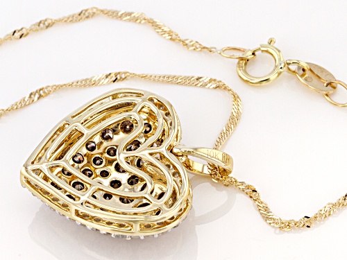 1.50ctw Round Champagne And White Diamond 10k Yellow Gold Cluster Heart Pendant With Chain