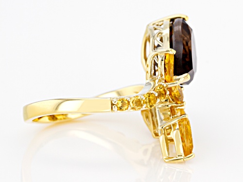 3.37CT PEAR SHAPE SMOKY QUARTZ WITH 1.30CTW MIXED SHAPES CITRINE 18K YELLOW GOLD OVER SILVER RING - Size 7