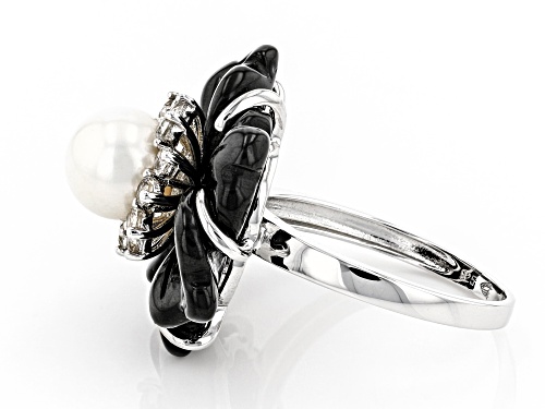20mm hand carved Black Onyx, 7-8mm cultured Freshwater Pearl & 1.80ctw white Topaz Silver Ring - Size 7