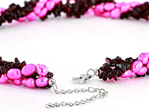 Pink Cultured Freshwater Pearl With Free-Form Raspberry Color Rhodolite Silver Torsade Necklace - Size 20