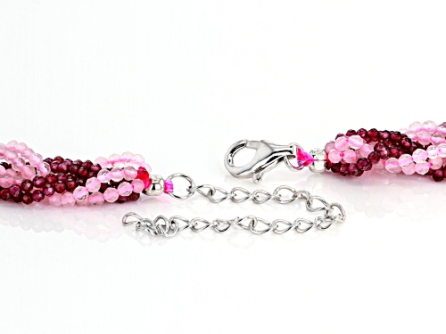 2-3mm Rose Quartz and Raspberry Color Rhodolite Braided Bead Strands, Sterling Silver Necklace - Size 19