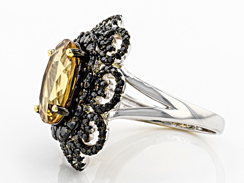 3.56ct Brazilian Citrine with 1.92ctw Black Spinel Rhodium Over Sterling Silver Ring - Size 7