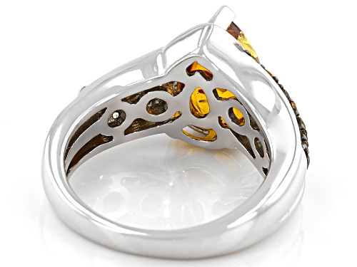 12x8mm Pear Shape Amber with .28ctw Spessartite & .09ctw White Zircon Rhodium Over Silver Ring - Size 7