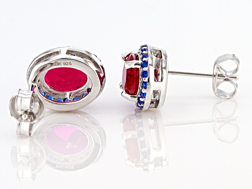 2.39ctw Oval Lab Created Ruby & .37ctw Lab Created Spinel Rhodium Over Silver Halo Stud Earrings