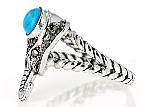 6mm round turquoise with 0.58ctw round marcasite sterling silver elephant ring - Size 7