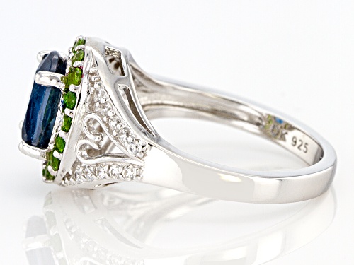2.04ct Oval Teal Chromium Kyanite With .72ctw Chrome Diopside & Zircon Rhodium Over Silver Ring - Size 8