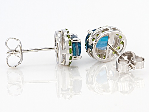 1.79ctw Oval Teal Chromium Kyanite & .27ctw Chrome Diopside Rhodium Over Silver Halo Earrings
