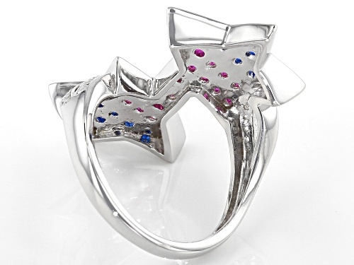 .75ctw Lab Created Blue Spinel, Ruby & Sapphire Rhodium Over Sterling Silver Bypass Patriotic Ring - Size 7