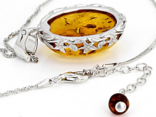 25X18MM OVAL CABOCHON AMBER RHODIUM OVER STERLING SILVER SOLITAIRE ENCHANCER WITH CHAIN